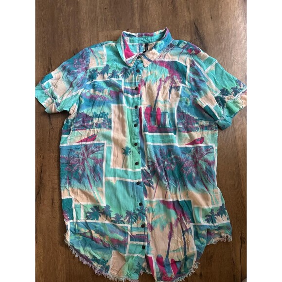TORRID SLEEP Women's 3X Colorful Tropical Palm Beach Button Sleep Fringe Shirt - Picture 1 of 6